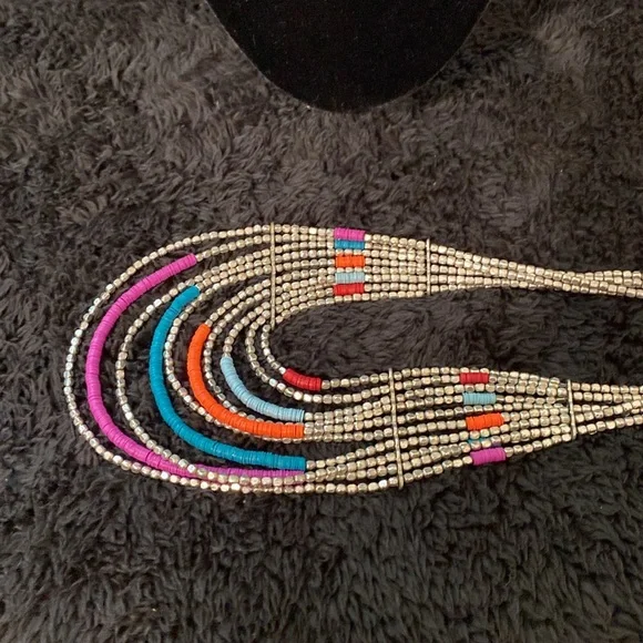 African Boho Plastic and Silver Beaded 10 Tiered Necklace - Picture 3 of 6